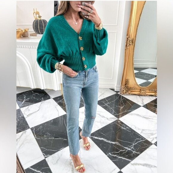 FARM Rio Anthropologie Women's Cropped Bubble Knit Cardigan Sweater Emerald XS - Picture 1 of 8